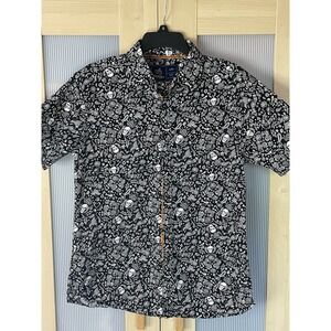 Rugby University Button Up Shirt Short Sleeve Men's Sz L Black Skulls Goth